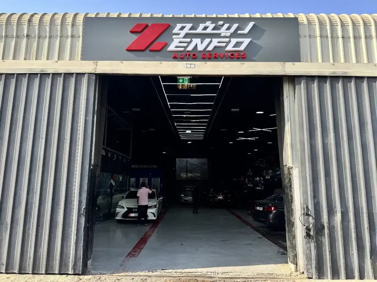 The Zenfo Auto Services workshop entrance in Musaffah Industrial Area, Abu Dhabi